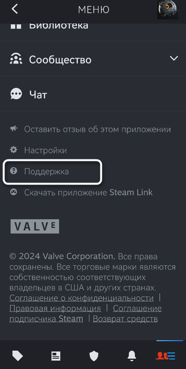 Открытие раздела поддержки для активации ключа в Steam через мобильное приложение