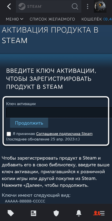 Заполнение формы для активации ключа в Steam через мобильное приложение