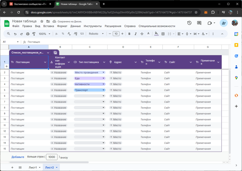 Готовая таблица со списком поставщиков на мероприятии в Google Таблицах