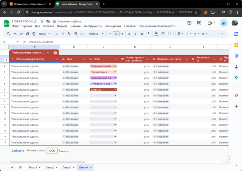 Готовая таблица с потенциальными сделками в Google Таблицах