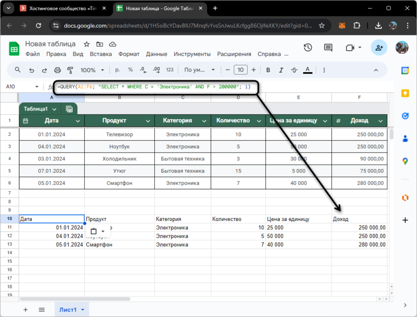 Третий пример функции QUERY для фильтрации и анализа данных в Google Таблицах