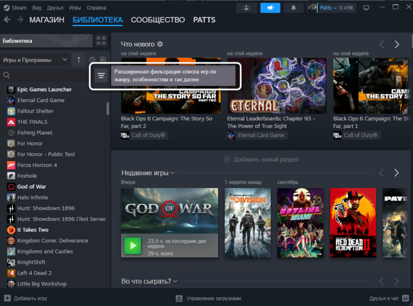 Переход к настройкам фильтров для решения проблемы с отображением игр в библиотеке Steam