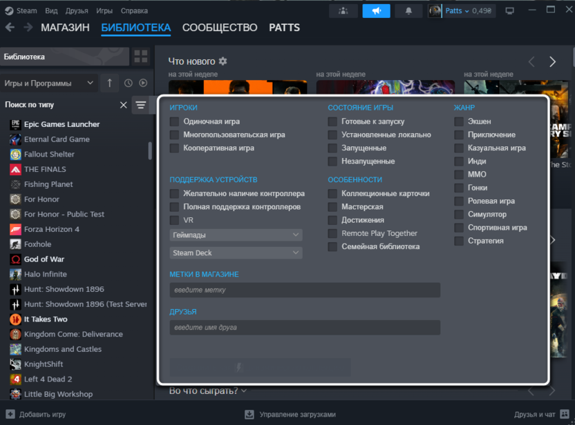 Настройки фильтров для решения проблемы с отображением игр в библиотеке Steam