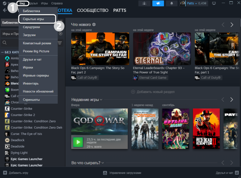 Переход к просмотру скрытых игр для решения проблемы с отображением игр в библиотеке Steam