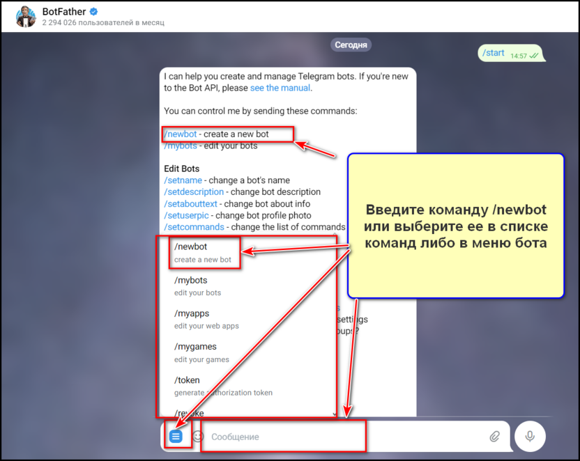 Ввод команд в BotFather