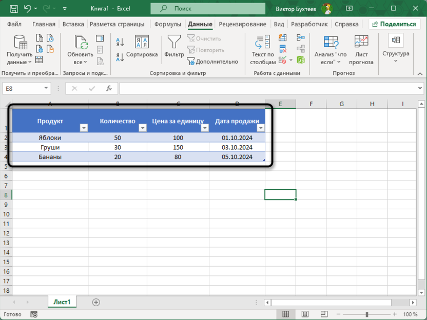 Пример таблицы для проверки данных в Microsoft Excel