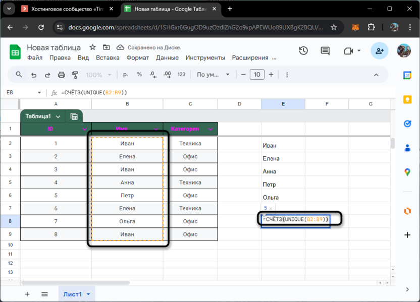 Использование счет значений для подсчета уникальных значений в Google Таблицах