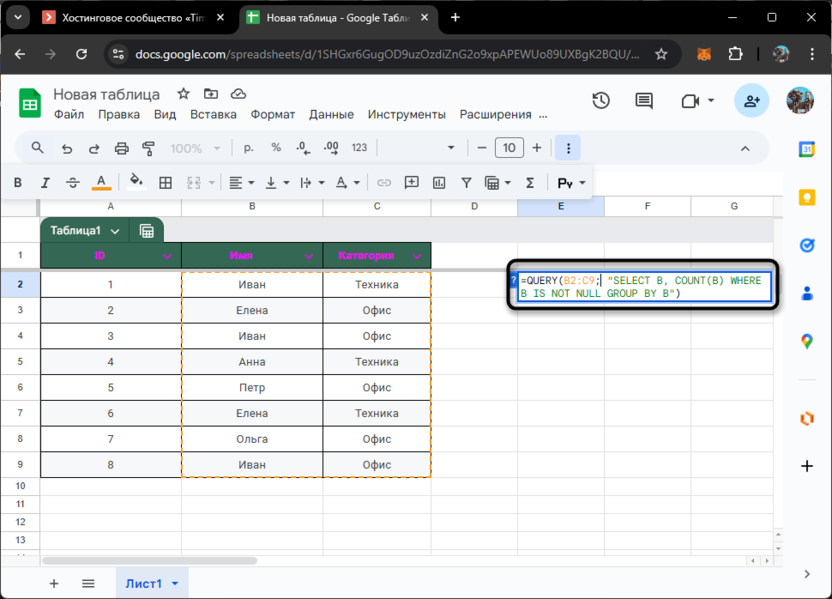 Применение QUERY для подсчета уникальных значений в Google Таблицах