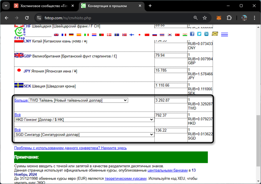 Выбор данных для таблицы для конвертирования валют через Fxtop