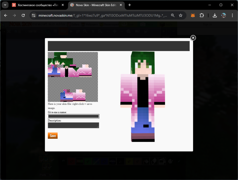 Параметры сохранения для создания скина для Minecraft через сайт Nova Skin