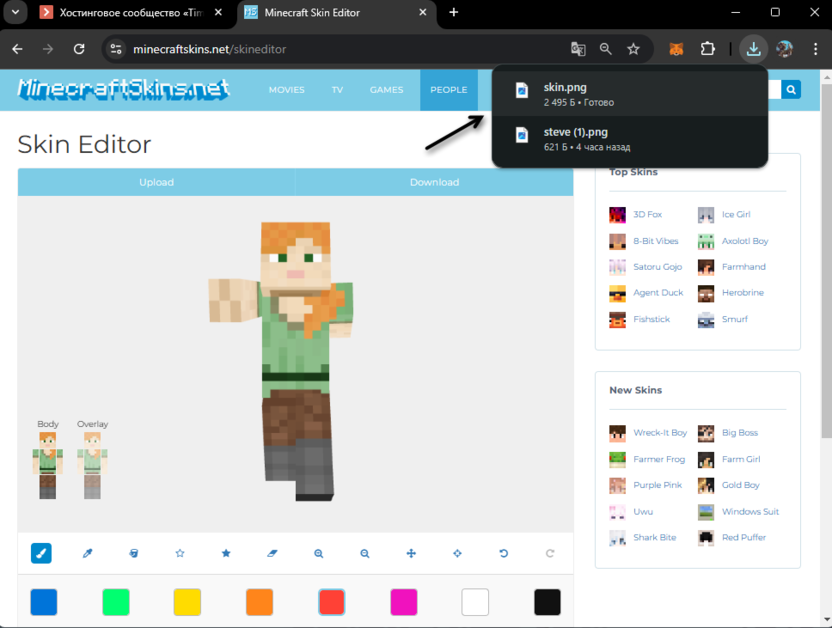 Успешное скачивание файла для создания скина для Minecraft через сайт Minecraft Skin Editor