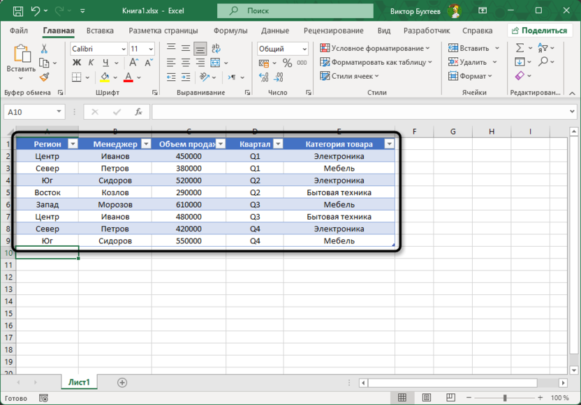 Создание таблицы для примера при работе с функцией ПОИСКПОЗ в Microsoft Excel