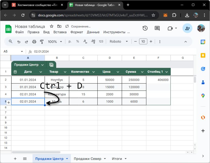 Горячая клавиша заполнения вниз в Google Таблицах