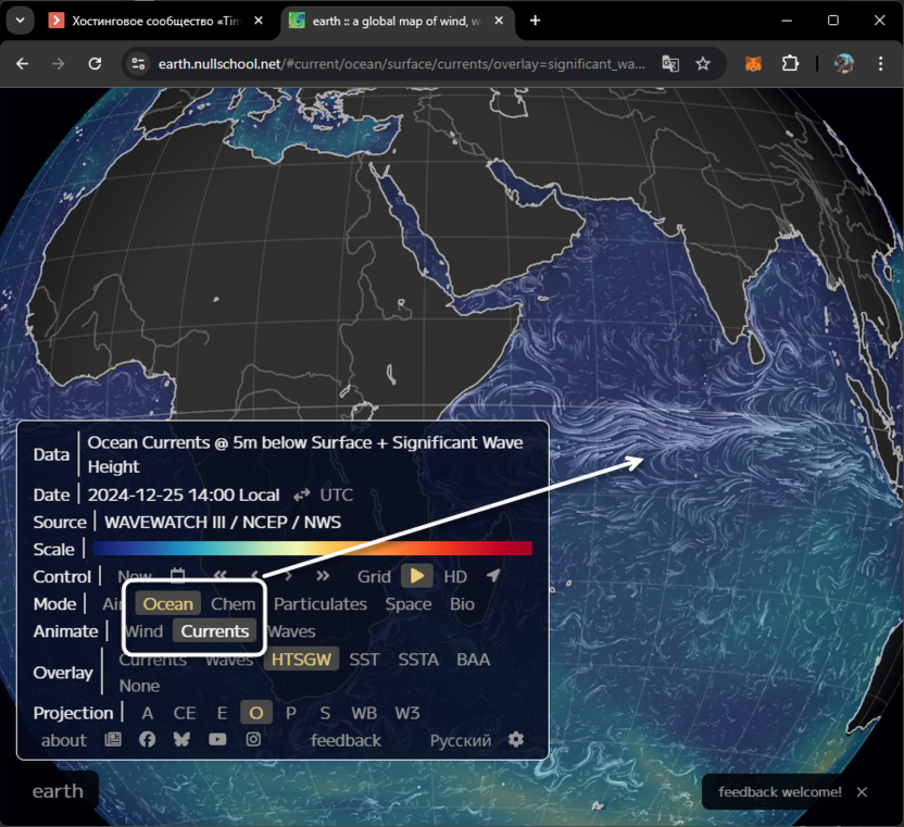 Просмотр океанических течений при работе с сайтом 3D-визуализации Земли Earth Nullschool