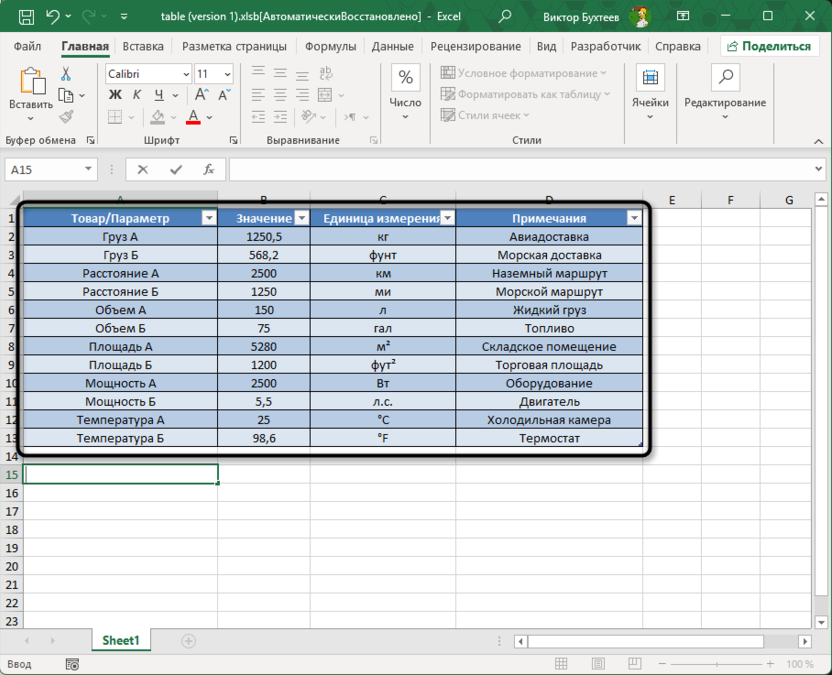 Создание таблицы с примерами функции ПРЕОБР для ее использования в Microsoft Excel