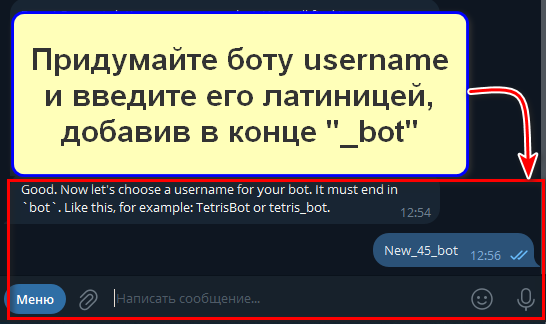 Создание бота и получение его токена, шаг 4