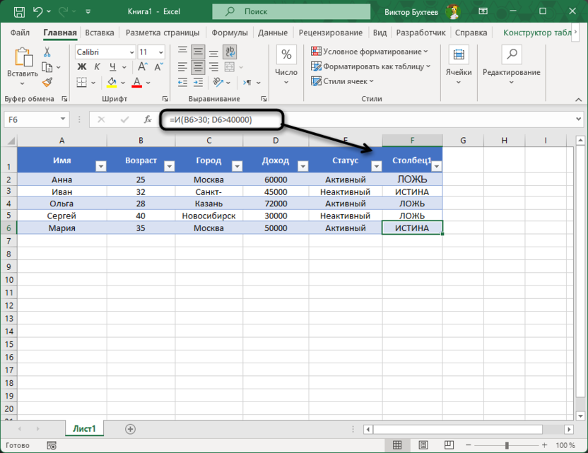 Первый пример логических функций в Microsoft Excel