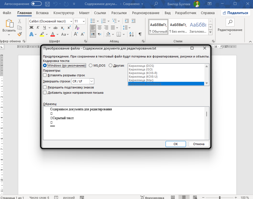 Завершающий этап сохранения для изменения кодировки в Microsoft Word