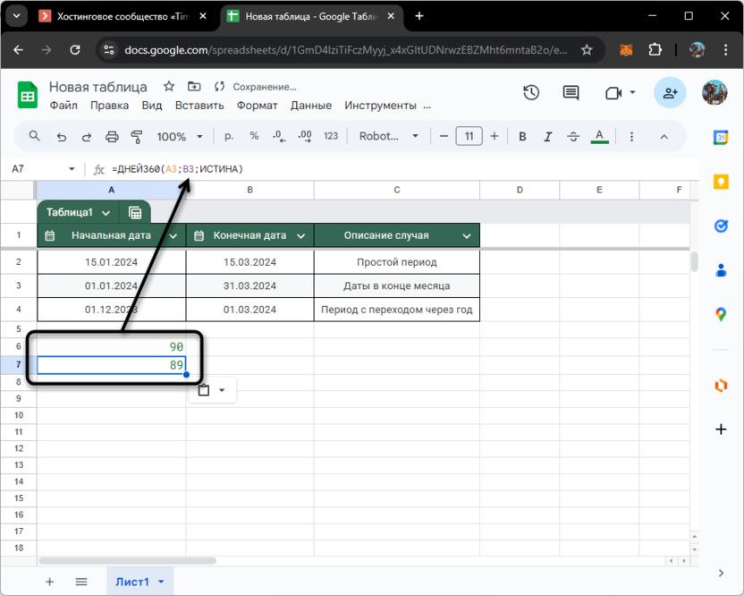 Второй пример при использовании функции ДНЕЙ360 в Google Таблицах