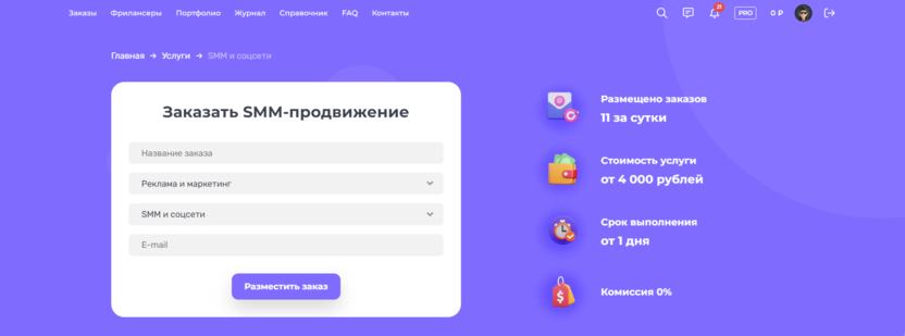 Страница заказа SMM-продвижения на сайте Work24