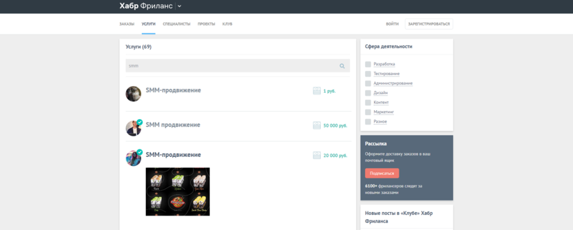 Страница заказа SMM-продвижения на сайте Хабр Фриланс