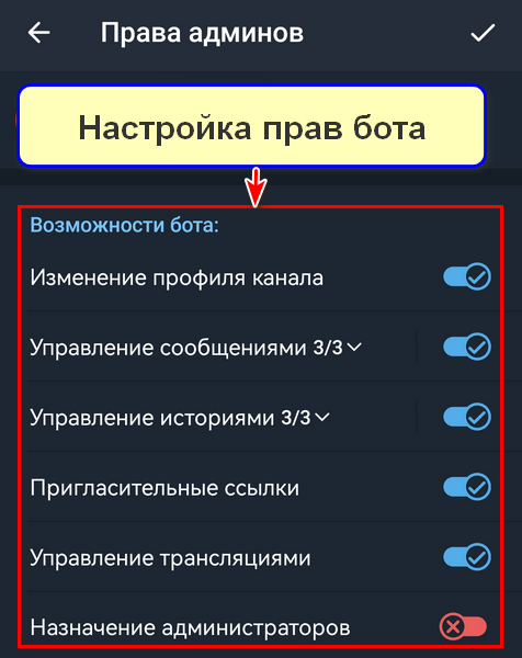 Как выдать боту права администратора, шаг 4