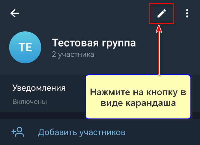 Как добавить бота администратором в группу через мобильное приложение, шаг 3