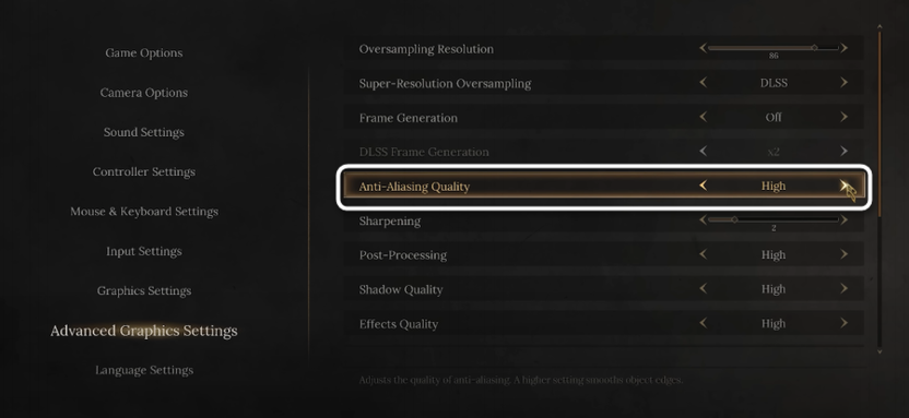 Выбор качества Anti-Aliasing при настройке графики в игре Wuchang Fallen Feathers