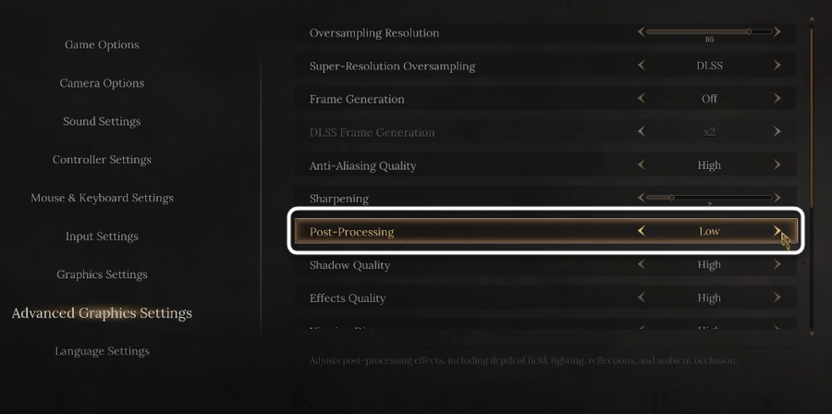 Регулировка парамтера Post Processing при настройке графики в игре Wuchang Fallen Feathers
