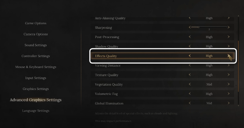 Выбор качества Effects Quality при настройке графики в игре Wuchang Fallen Feathers