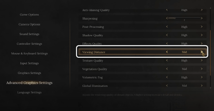 Регулировка Viewing Distance при настройке графики в игре Wuchang Fallen Feathers
