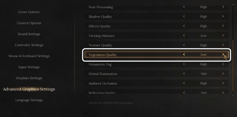 Изменение значения Vegetation Quality при настройке графики в игре Wuchang Fallen Feathers