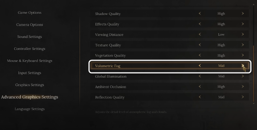 Регулировка Volumetric Fog при настройке графики в игре Wuchang Fallen Feathers