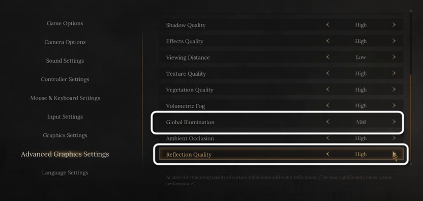 Изменение параметров Global Illumination и Reflection Quality при настройке графики в игре Wuchang Fallen Feathers