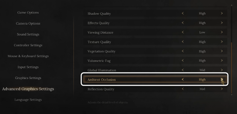 Выбор качества Ambient Occlusion при настройке графики в игре Wuchang Fallen Feathers