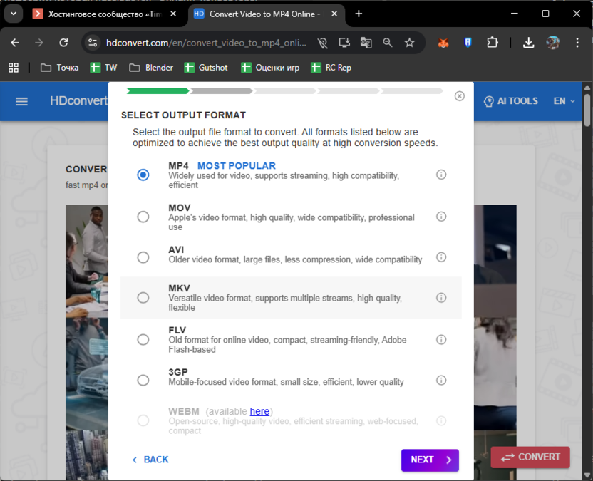 Выбор формата для конвертирования в 4К через онлайн-сервис HDConvert