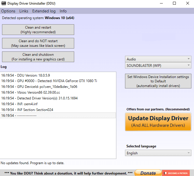 Удаление драйвера видеокарты для решения черного экрана при запуске игр
