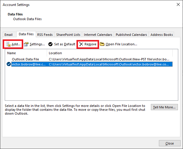 Outlook 365 - Файлы данных