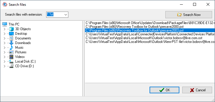 Recovery Toolbox for Outlook - выбор поврежденного файла Outlook 365