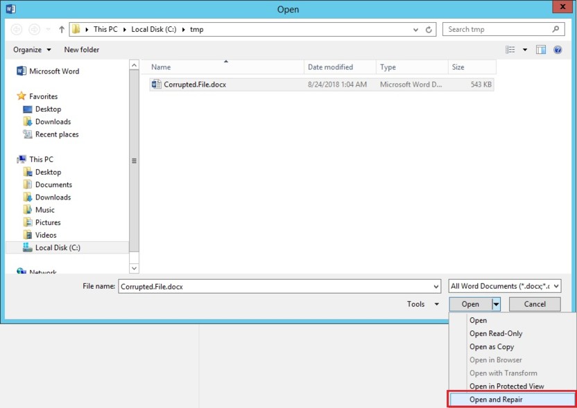 Открыть и восстановить Word файл