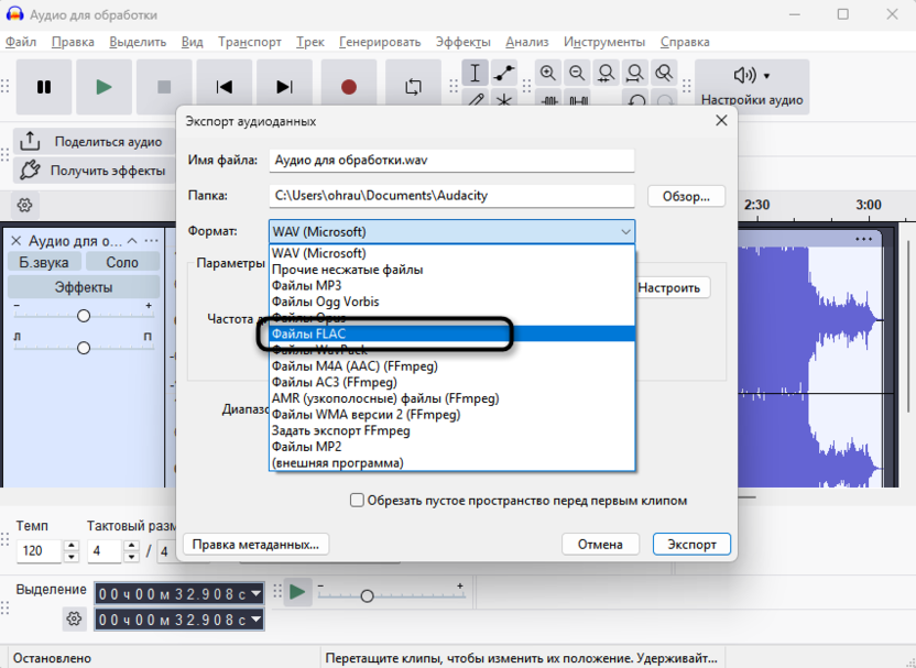 Выбор формата из списка для экспорта трека в FLAC через Audacity