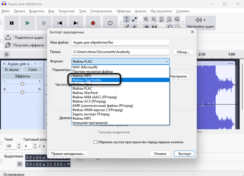 Выбор формата для экспорта трека в OGG через Audacity