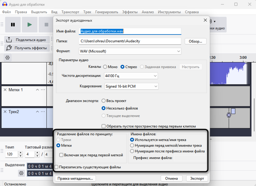 Дополнительные параметры для экспорта нескольких файлов через Audacity