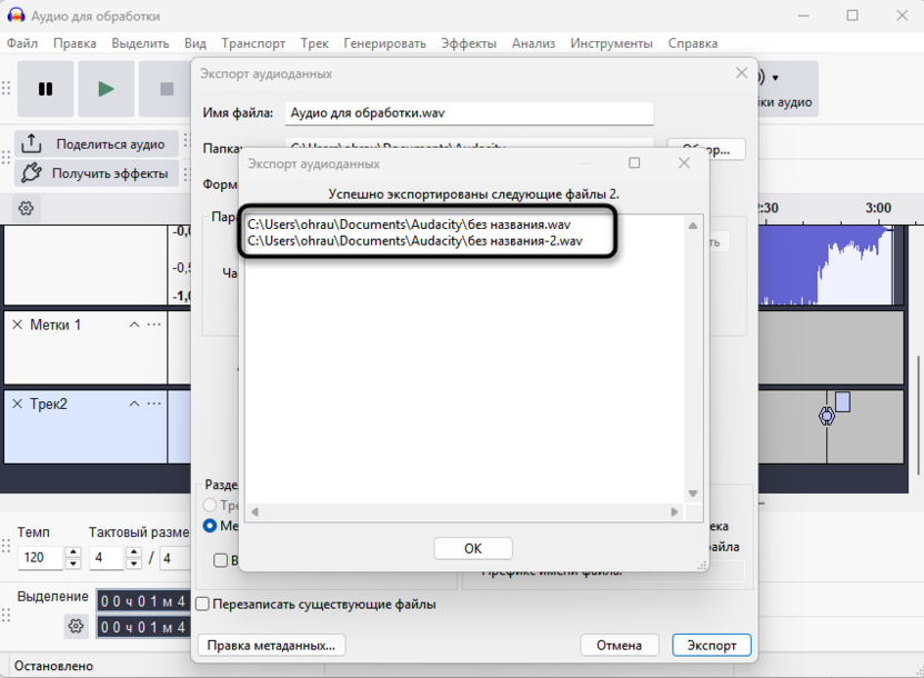 Успешное сохранение для экспорта нескольких файлов через Audacity