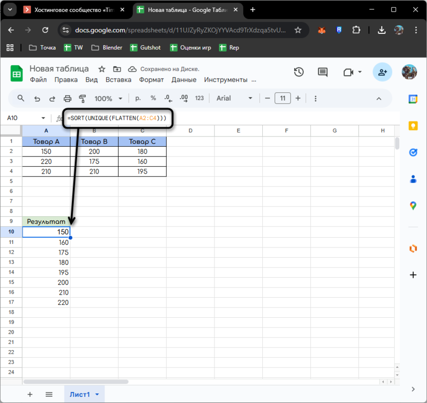 Комбинирование с другими функциями при использование FLATTEN (ВЫРОВНЯТЬ) в Google Таблицах
