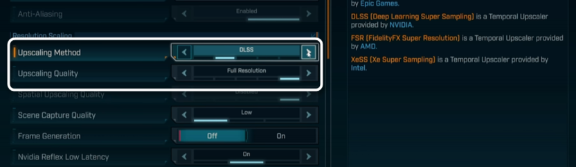 Выбор апскейлера при настройке графики для Borderlands 4