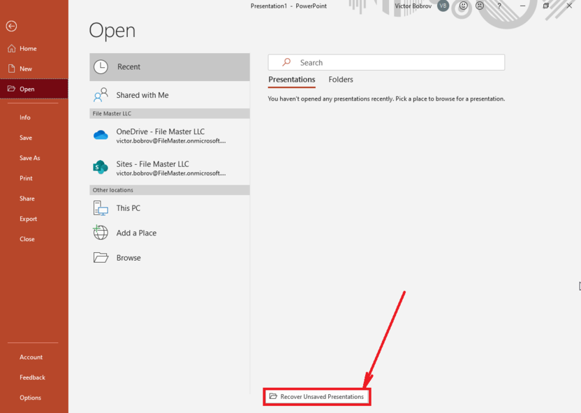Восстановить несохраненные презентации