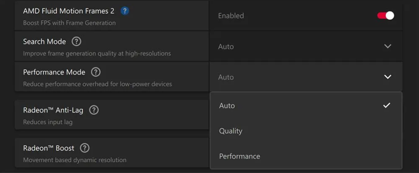 Включение технологии генерации кадров в настройках AMD