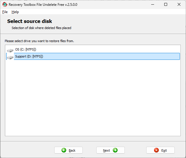 Recovery Toolbox File Undelete Free - выбор диска для сканирования