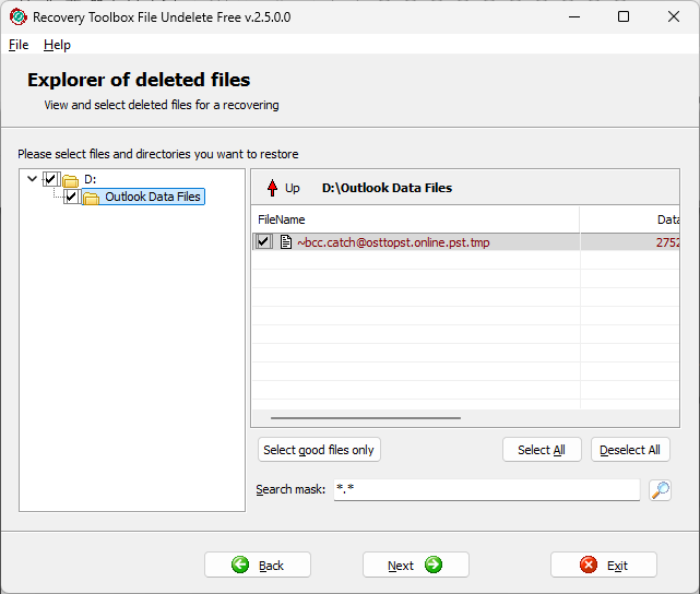 Recovery Toolbox File Undelete Free - выбор файлов для восстановления